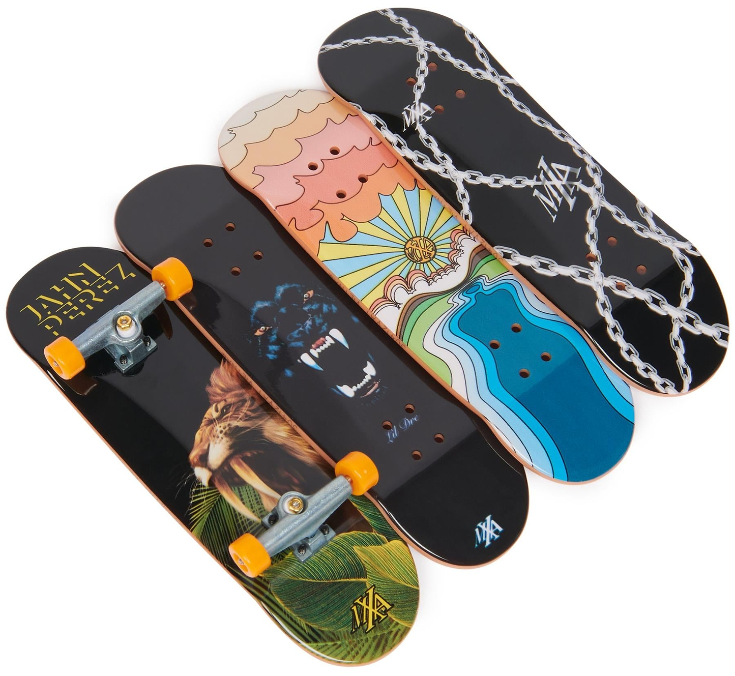 The Tech Deck M01 Deluxe 4 Pack Fingerboards - Maxallure set includes four decks with lion, black panther, sunrise, and silver chain designs. Two fingerboards come pre-assembled with trucks and wheels. Brand: Tech Deck.