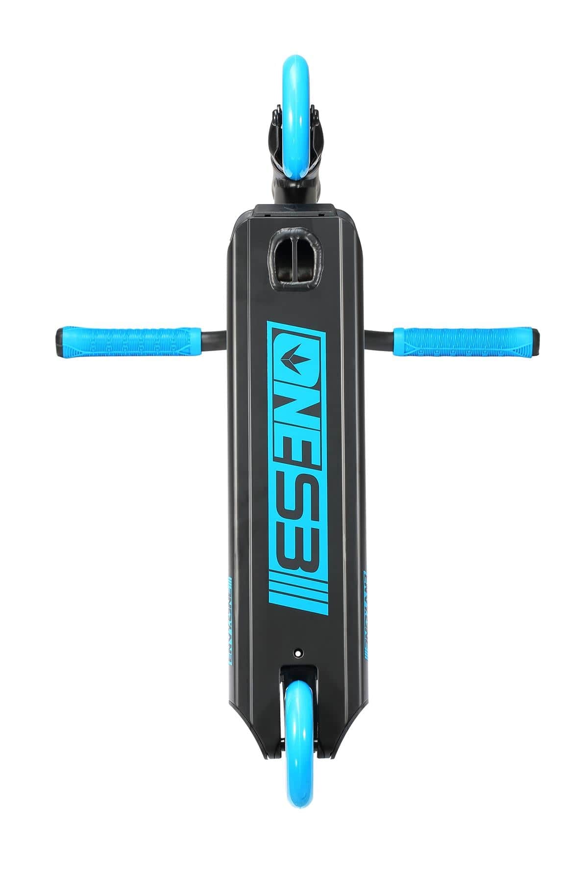 Overhead shot of the Blunt Envy ONE S3 Complete Stunt Scooter deck in striking black and blue, highlighted by vibrant blue wheels and handle grips. Ideal for young scooter enthusiasts, the "Blunt Envy" brand is prominently featured on the deck.
