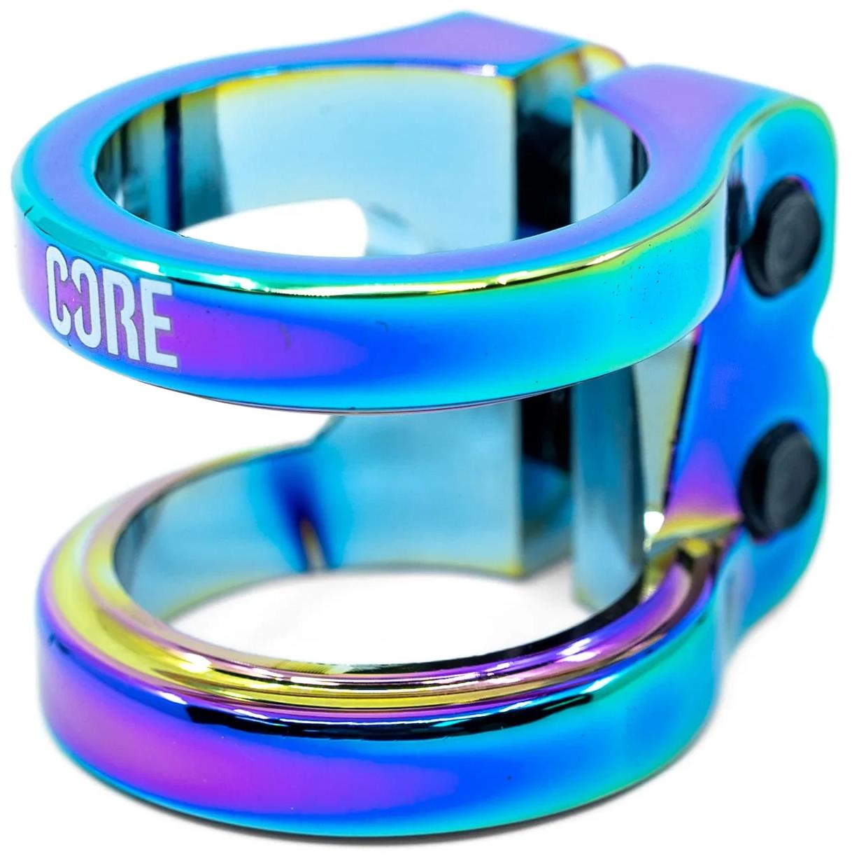 The CORE Venom 2 Bolt Oversized Stunt Scooter Clamp - Neochrome features a metallic blue and purple finish, two black bolts, "CORE" printed in white, and is designed to securely fasten scooter handlebars.