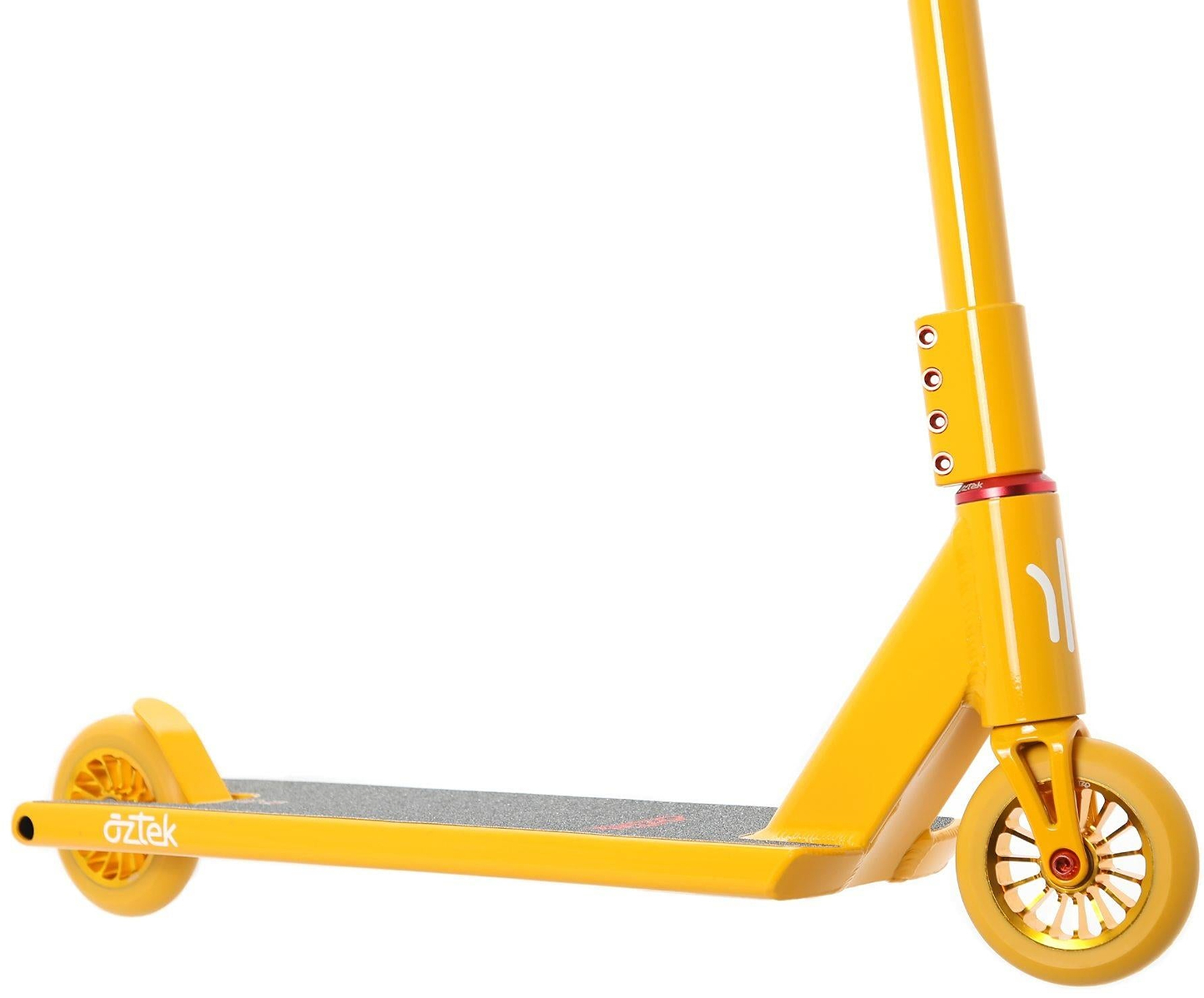 A close-up of the Aztek Architect 2 Complete Stunt Scooter - Sunburst Yellow, an entry-level street scooter by Aztek with a yellow deck, black grip, gold accents, logo detailing, and durable 110mm rebound rear wheels.
