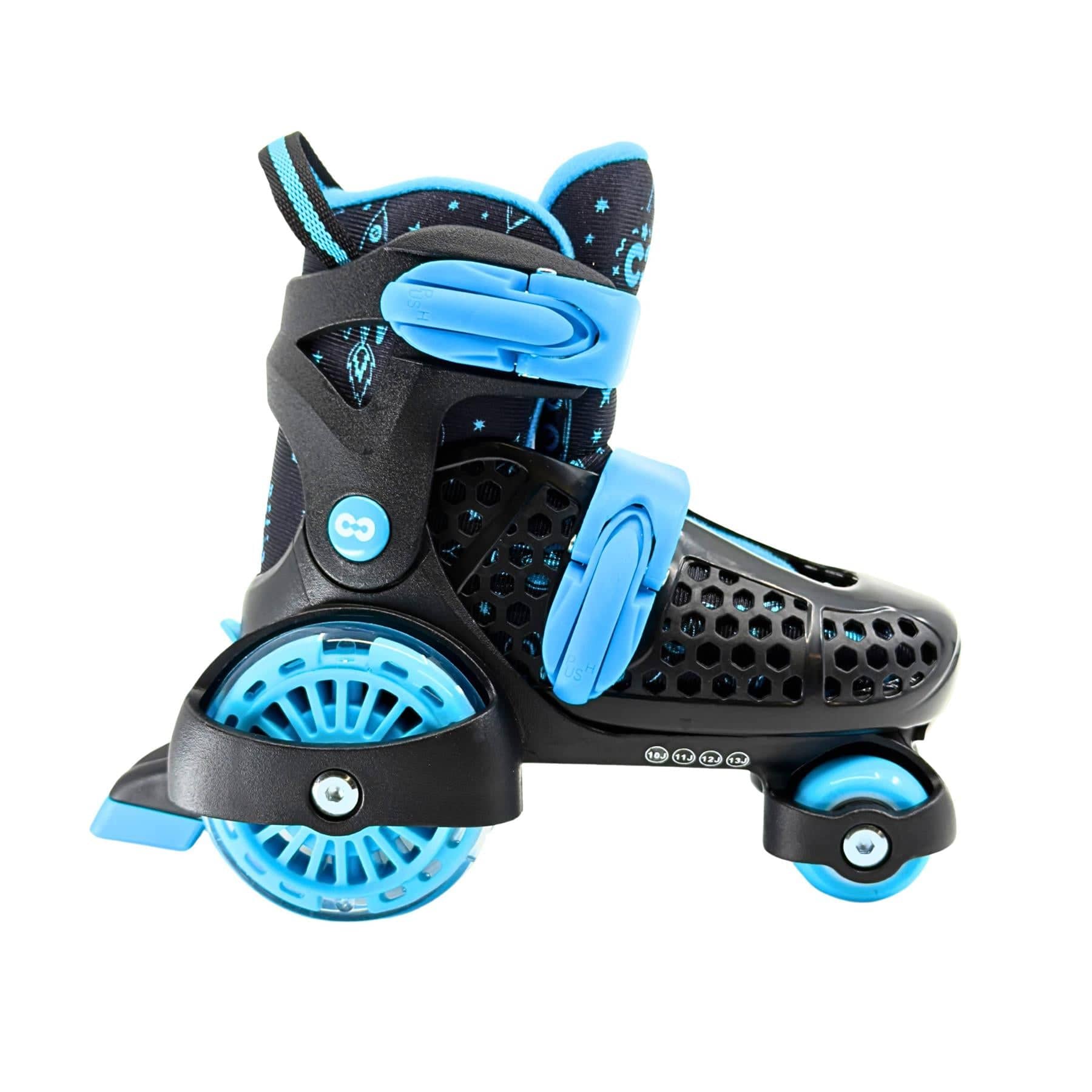 The CORE Kids Newbie LED Adjustable Roller Skates by CORE in black/blue feature two large rear wheels, a front LED light-up wheel, adjustable sizing, and secure plastic straps designed for children.