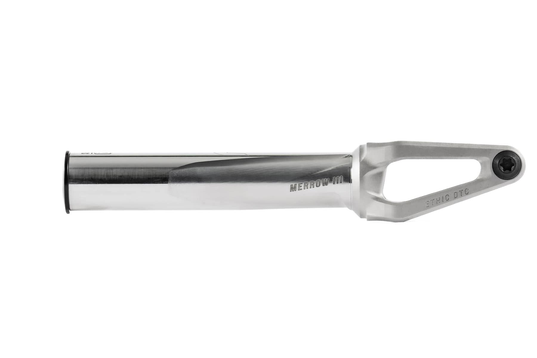 The Ethic DTC Merrow V3 SCS Stunt Scooter Fork in Raw Silver, crafted from 7075 aluminium with a cylindrical body and open triangular mount, is shown against a white background. Renowned as the lightest fork available from Ethic.
