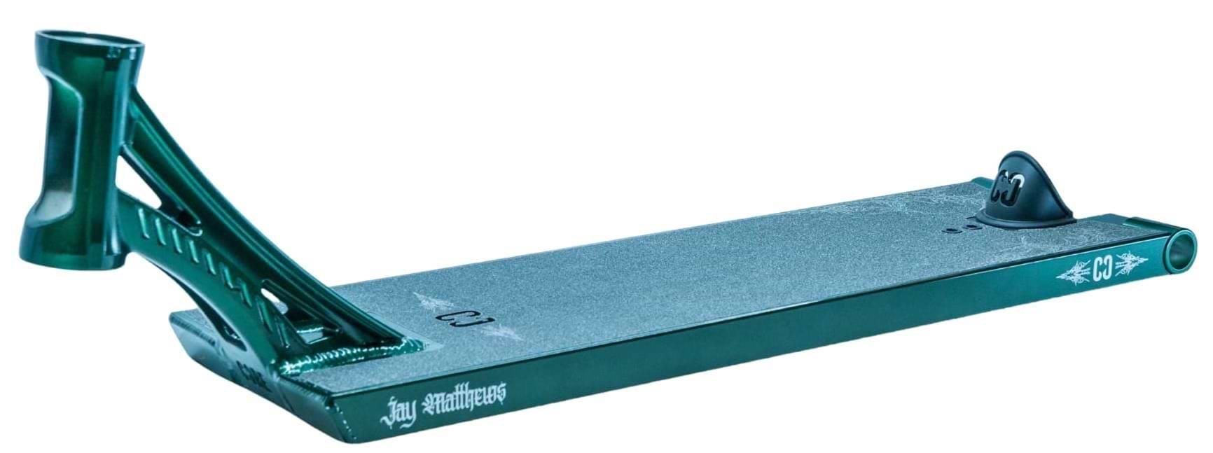 The CORE ST3 Forged Green J.Matthews Signature Street Stunt Scooter Deck (6.5" x 22.5") by CORE features a textured surface, cutout headtube, rear wheel slot, and white logo designs, shown on a white background.
