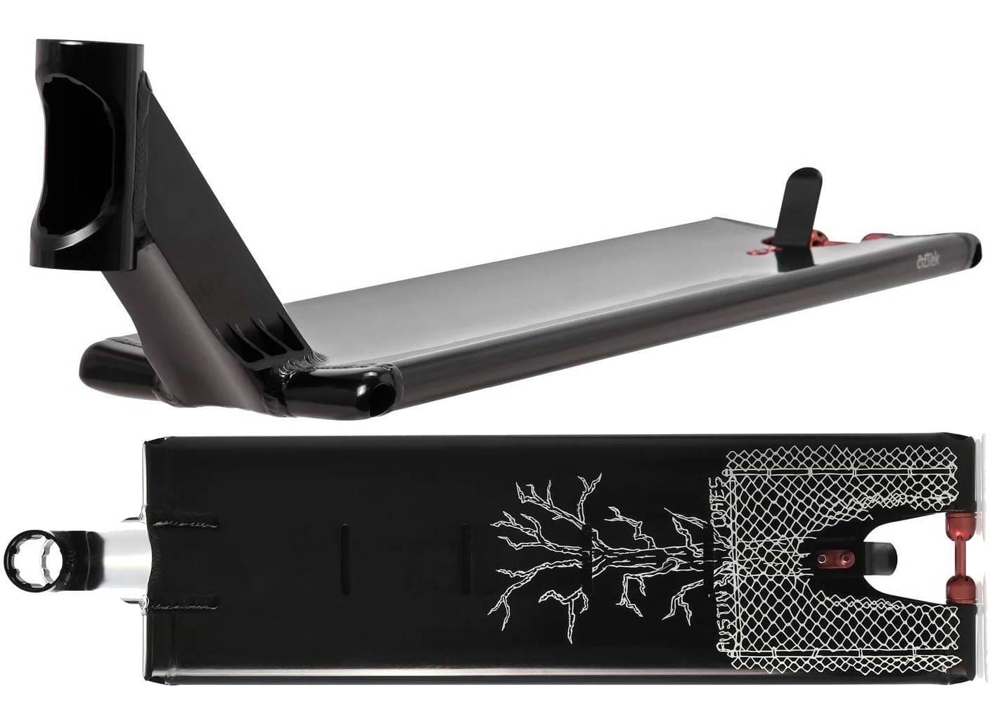 The Aztek Europa 2 Black Stunt Scooter Deck (7" x 24") by Aztek is shown from the side, displaying its sleek profile, and from the bottom, featuring a white branching root graphic with mesh accents—ideal for street riding.