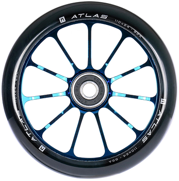 Close-up of the Ethic DTC Atlas 110mm Stunt Scooter Wheel in chrome blue, featuring a lightweight metal core with ten spokes, visible ball bearing, and "ATLAS" plus size details printed along the rim.