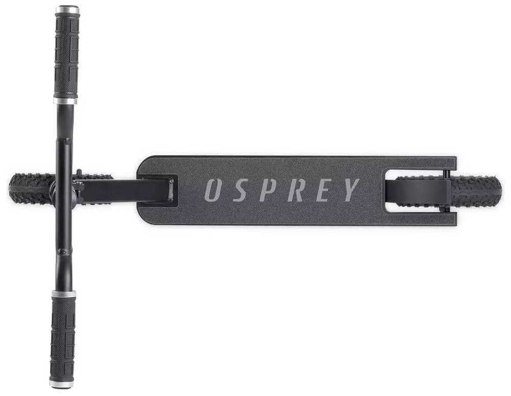 Top view of the Osprey Complete Dirt Scooter - Black by Osprey, featuring a wide deck with textured grip tape, large pneumatic wheels, and handlebar grips on both ends.