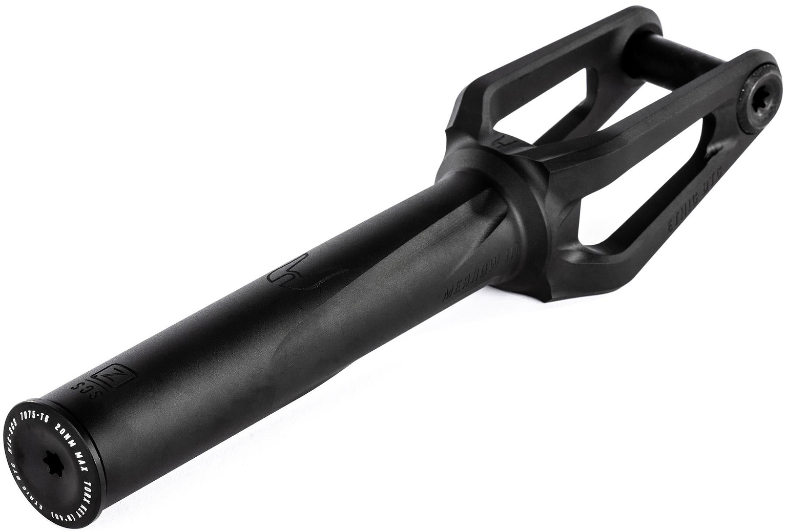 The Ethic DTC Merrow V3 8/12STD SCS Stunt Scooter Fork in black, featuring a cylindrical base, open sides, and reinforced prongs, by Ethic, is displayed on a white background.