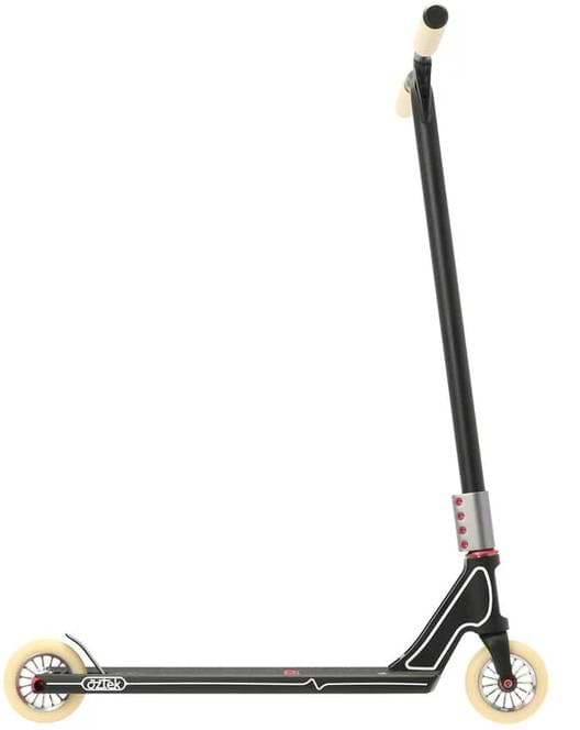 The Aztek Fountain Complete Stunt Scooter in black features white wheels, a long angled handlebar, and red accents near the base, displayed against a plain white background.