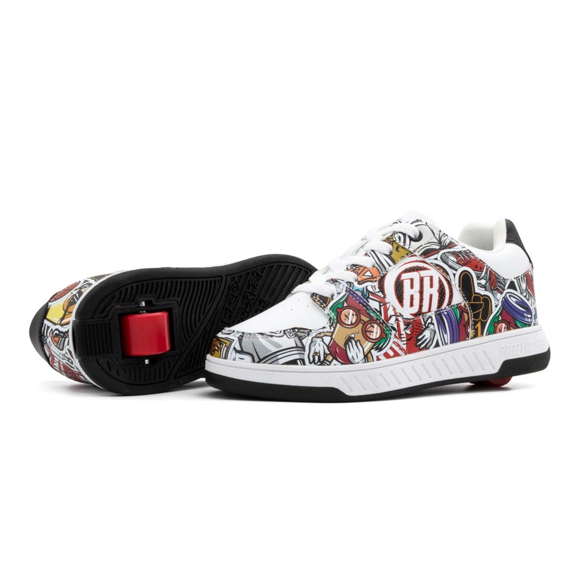 Breezy Rollers Groovy Shoes - Cartoon by Breezy Rollers, featuring colorful cartoon graphics, black soles, and a retractable red heel wheel with a patented system; shown from side and bottom views.