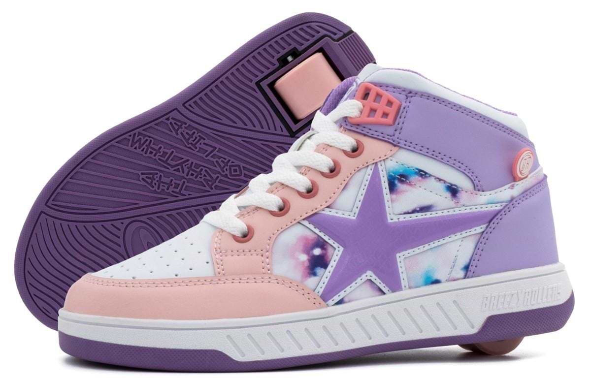 The Breezy Rollers Skater Girls Shoes by Breezy Rollers feature a pastel design in white, purple, and pink with star accents, white laces, a purple sole, and retractable wheels.