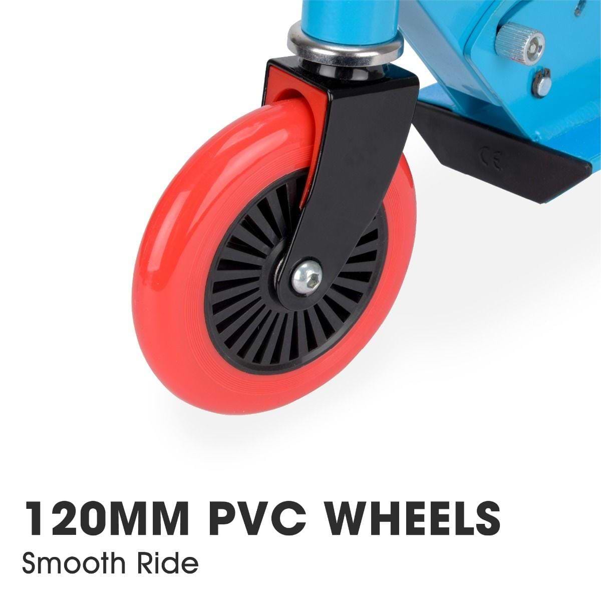 Close-up of a red, 120mm PVC wheel on the Xootz Electron Foldable Kids Kick Scooter - Blue, featuring adjustable handlebars and a black bracket on the blue frame. Text reads "120MM PVC WHEELS" and "Smooth Ride." Ideal for kids' scooter adventures.