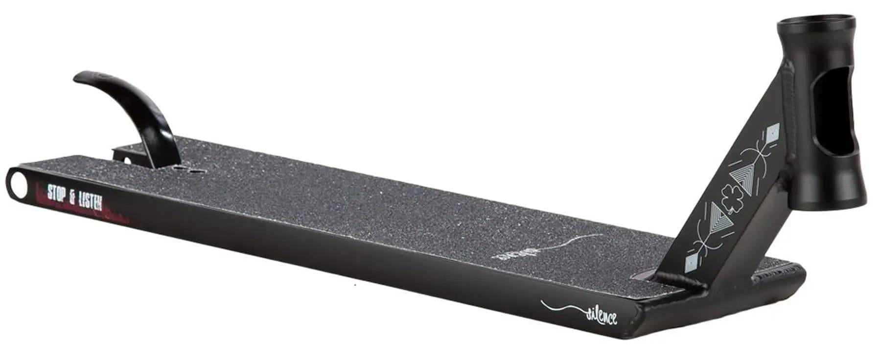 The Lucky Chris Farris Signature V1 Black Stunt Scooter Deck (6" x 22") features a textured grip surface, angled front fork, white graphics on the side and headtube, and a raised back end with a metal brake.