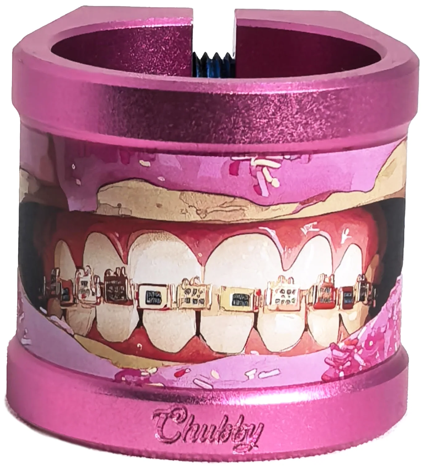 The Chubby Gnasher 2 Bolt Oversized Scooter Clamp - Pink Doughnut by Chubby boasts a cylindrical, pink design with "Chubby" engraved at the base, inspired by a stunt scooter clamp and styled with doughnut-like frosting details.