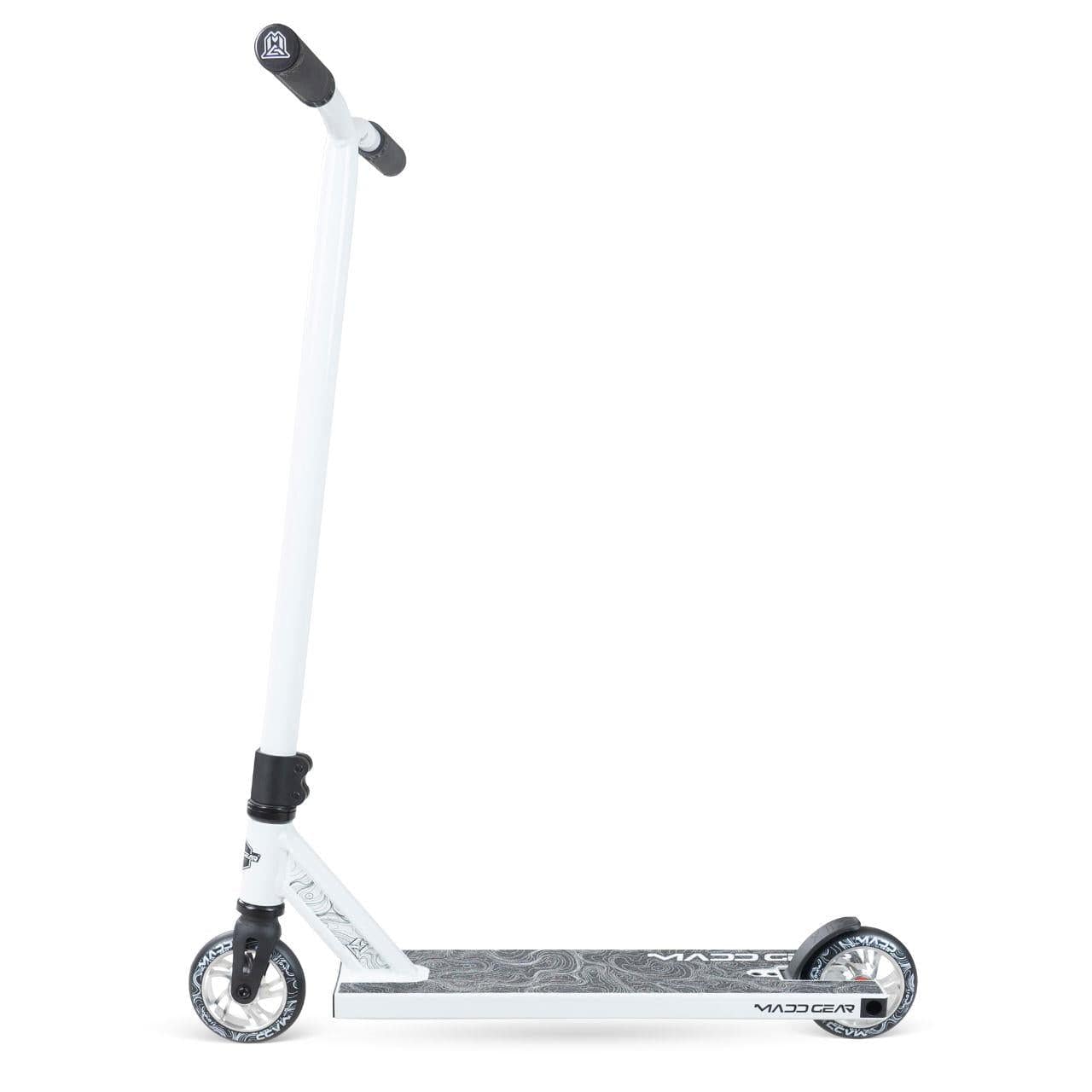 The Madd Gear MG 4 Titan Complete Stunt Scooter in Arctic White features black handlebars, a black and gray textured deck, and black-and-white wheels, representing MGP's action sports innovation.