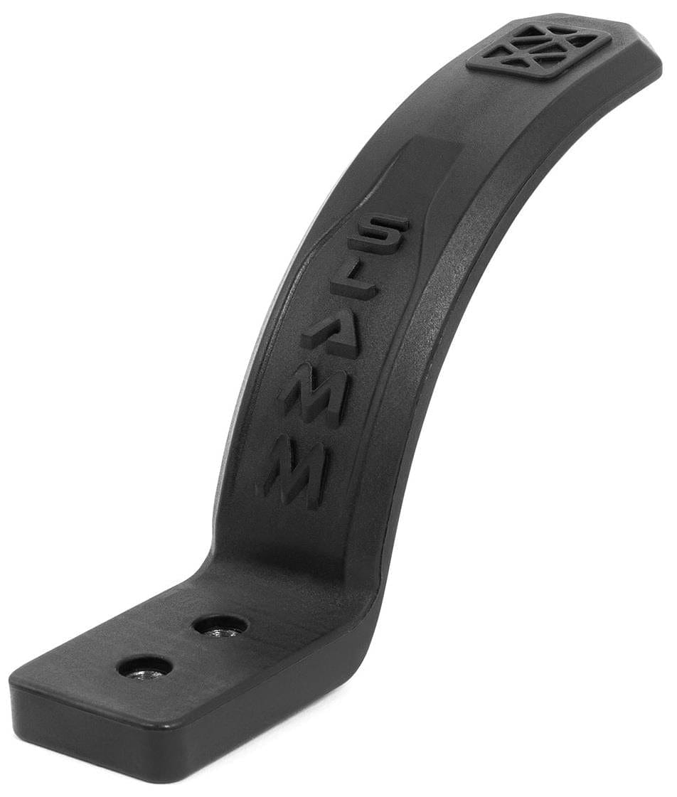 The "Slamm Nylon Stunt Scooter Flex Fender - Black" features a black plastic brake with two mounting holes, embossed "SLAMM" branding on the curve, and textured design near the top. It's crafted from reinforced nylon for enhanced durability.