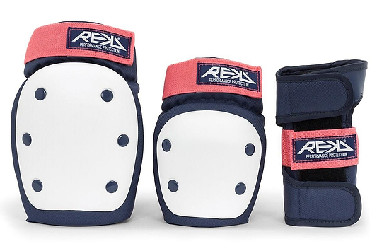 The REKD Heavy Duty Triple Skate Protection Pad Set in blue and pink.