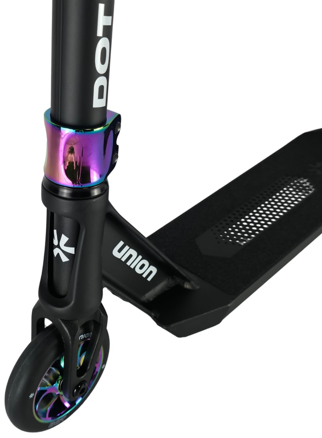 Close-up of the Union Dot Complete Stunt Scooter - Black / Neochrome, featuring a front wheel, vibrant clamp, and "Union" branded deck with perforated grip tape—ideal for riders wanting a lightweight scooter for tricks and street riding.
