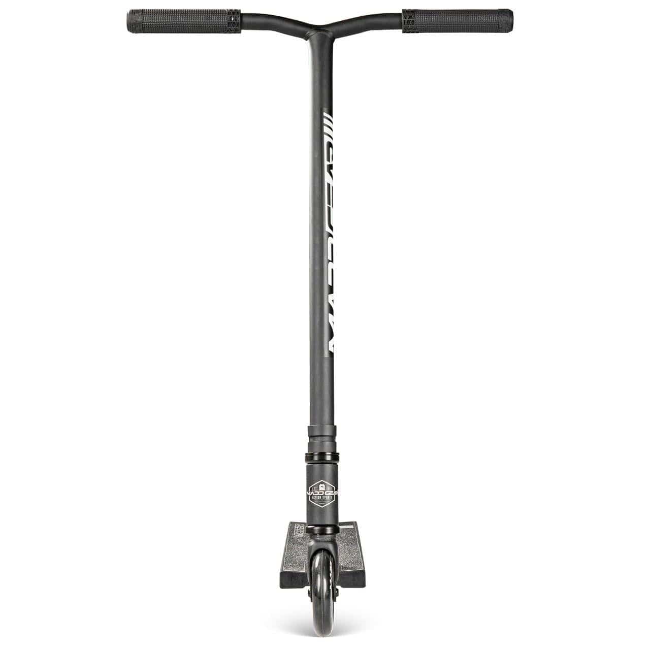 The Madd Gear MG 3 Zen Complete Stunt Scooter - Black/Black features a sturdy one-piece steel T-bar, textured grips, and solid deck with the MGP logo on the neck, shown front-on against a white background. Lightweight for easy handling.