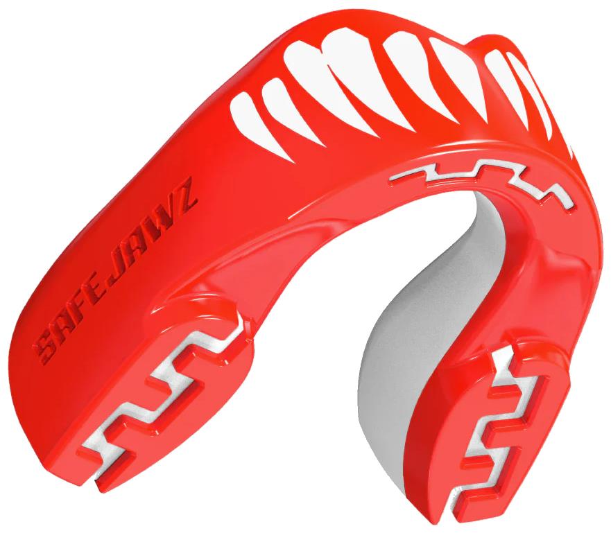 The Safejawz Extro Series Protection Mouthguard - Viper features a red and white design with jagged white teeth graphics and the SAFEJAWZ logo embossed on the side.
