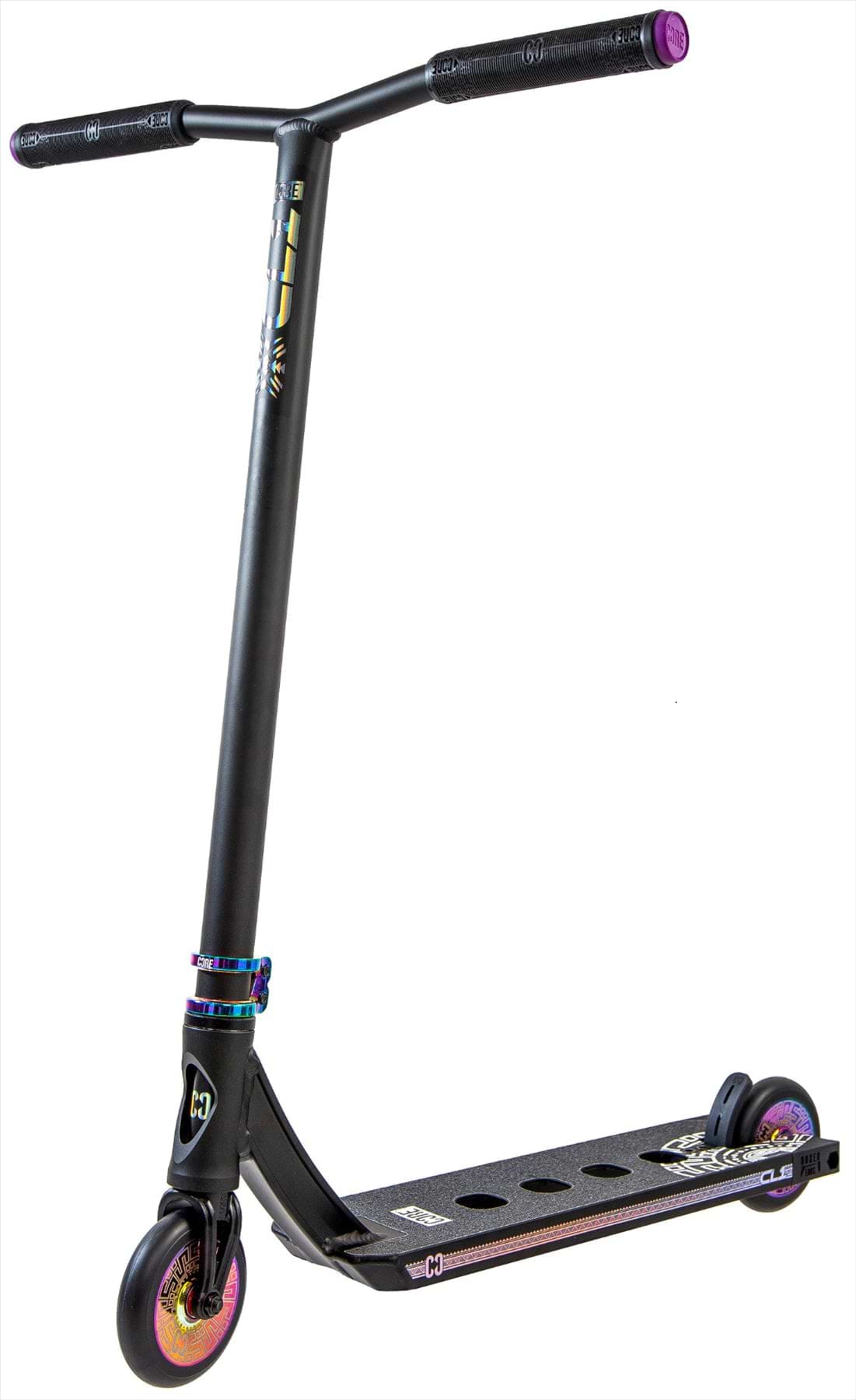 The CORE CL1 Complete Stunt Scooter by CORE features a black and neochrome finish, a wide T-bar handle, deck with circular cutouts and graphics, plus small colorful wheels—ideal for tricks and perfect as a skatepark scooter.