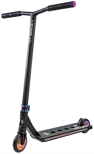 The CORE CL1 Complete Stunt Scooter by CORE features a black and neochrome finish, a wide T-bar handle, deck with circular cutouts and graphics, plus small colorful wheels—ideal for tricks and perfect as a skatepark scooter.
