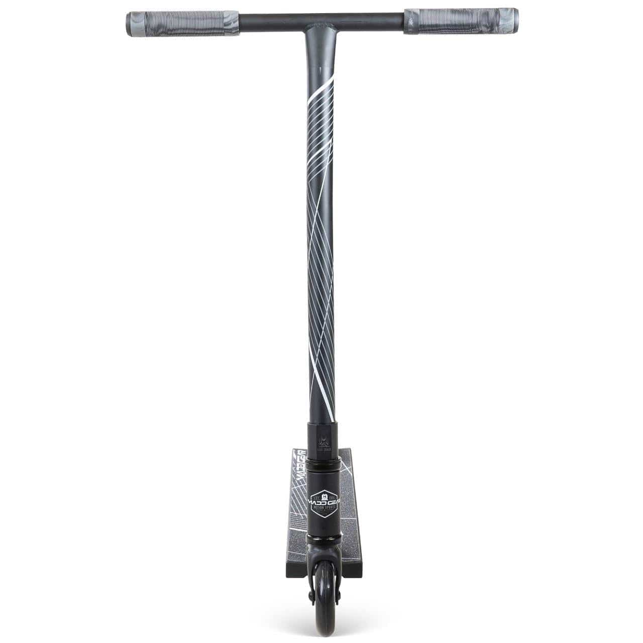Front view of the Madd Gear MG 1 Raven Complete Stunt Scooter by MGP in Black/Black, featuring a T-shaped handlebar with grey grips and white geometric designs on the stem and deck. A lightweight performance scooter with a visible front wheel.