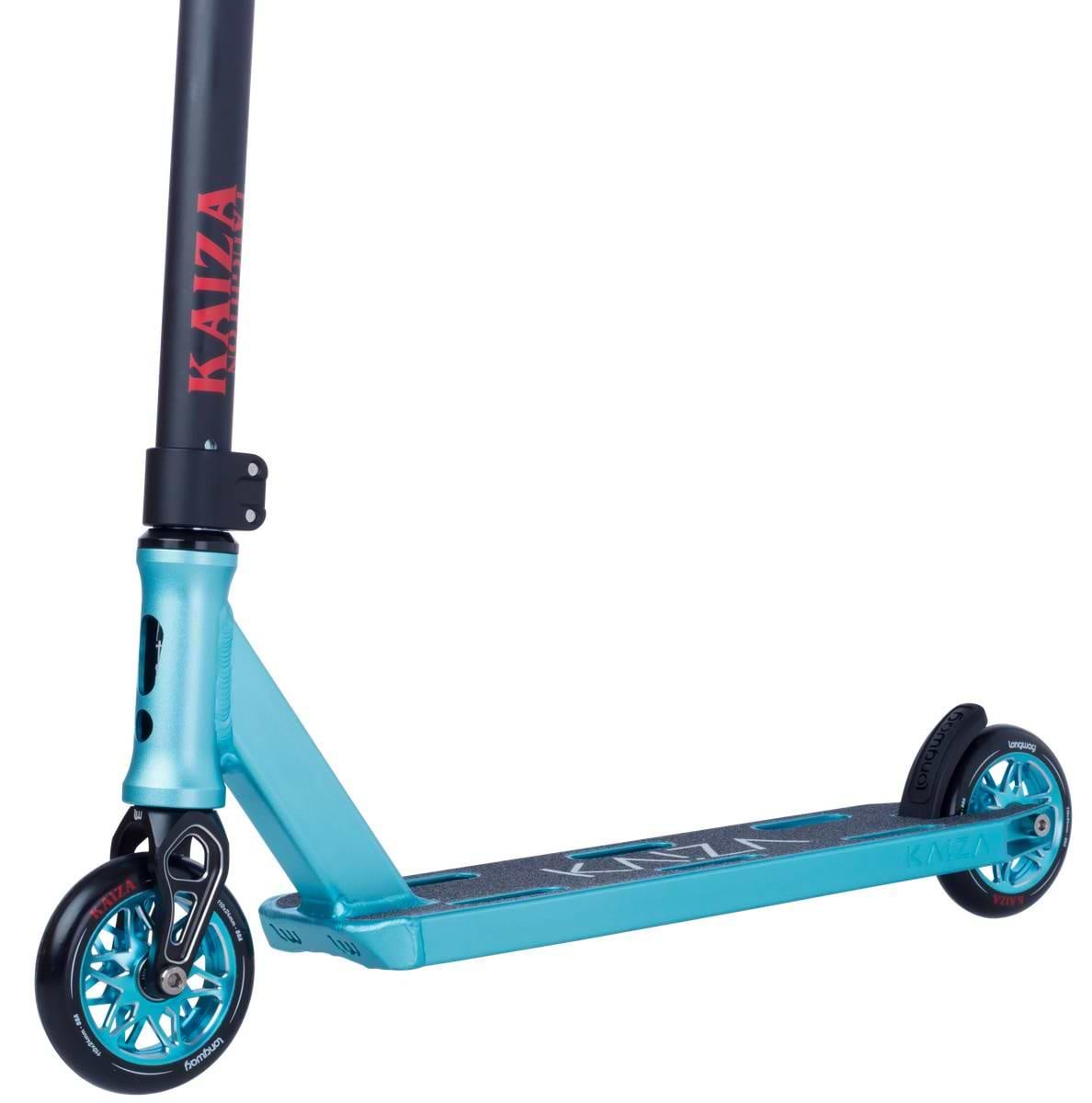 A close-up of the Longway Kaiza Complete Pro Stunt Scooter in teal, featuring black and red accents, turquoise metal wheels, a black grip deck, and "KAIZA" in red on the front pole—perfect as a superlight skatepark scooter.