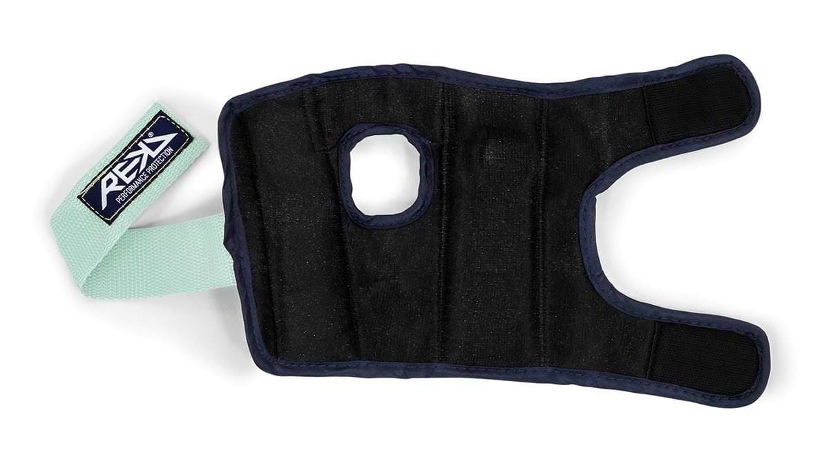 A black protective glove with a mint adjustable strap and thumb opening, padded for comfort and durability. Designed for training or sports use, it pairs well with wrist guards. The logo "REKD" is visible on the strap.