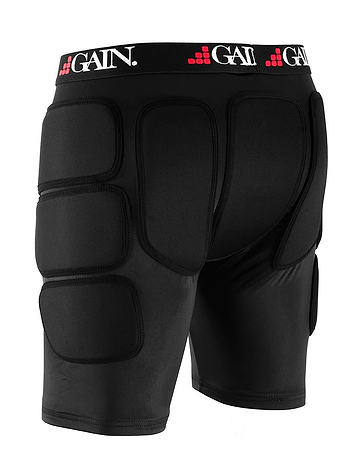 The GAIN Protection "The Sleeper" Hip/Bum Skate Protection Shorts in black feature multiple impact foam panels and a GAIN logo waistband, making them ideal for added safety during intense sports or athletic activities.