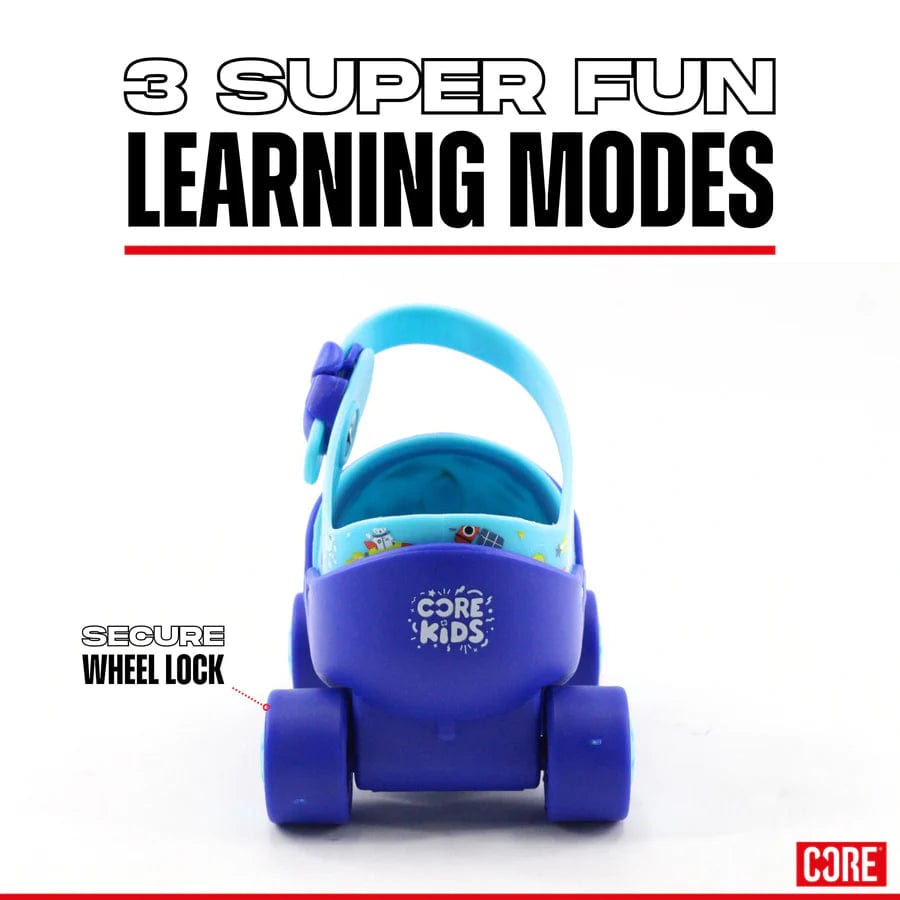 A blue "CORE Kids" toy car with a secure wheel lock and light blue handle is ideal for the CORE Kids Stomp & Roll Adjustable Learner Skates - Blue. "3 Super Fun Learning Modes" is prominently featured above, with the CORE logo in the bottom right corner.