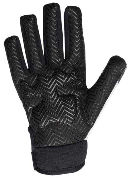 The Revvi Long Finger Tech Kids Bike Protection Gloves - Black by Revvi feature a zigzag textured grip on the palm and fingers, padded palm, black adjustable wrist strap, and are shown with the palm facing forward.