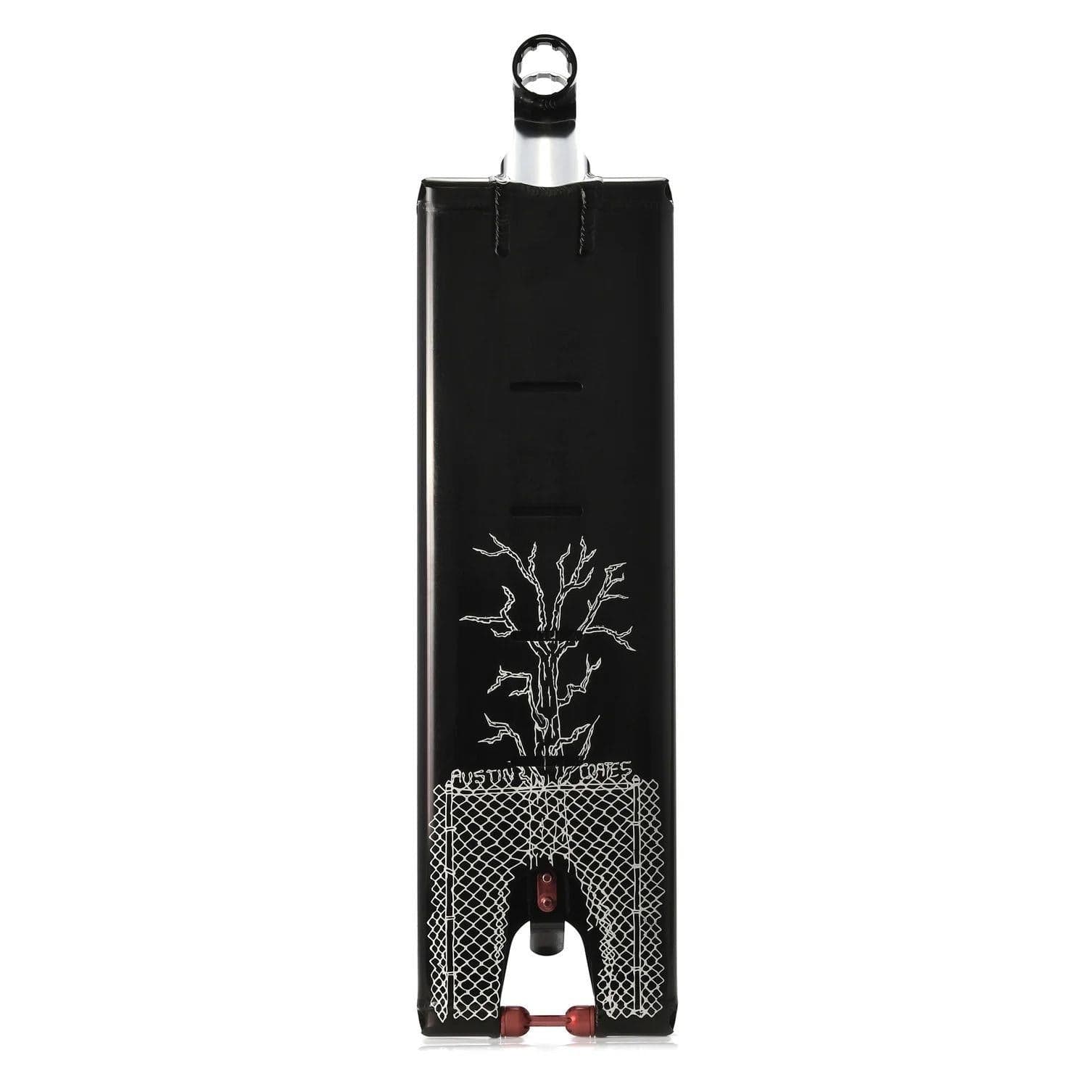 The Aztek Europa 2 Black Stunt Scooter Deck (7" x 24") features a white tree and geometric design, “AUSTIN JUAREZ” on the side, and two red rear spacers—perfect for street riding and improving your grinding skills.