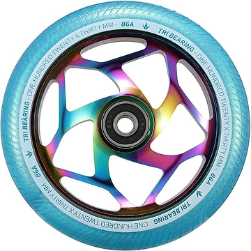 A close-up of the Blunt Envy Tri-Bearing 120mm x 30mm scooter wheel showcases a vibrant neochrome metal core with a light blue tire. The words "Tri Bearing" and "86A" are printed along the inner rim, emphasizing its tri-bearing design for enhanced control.