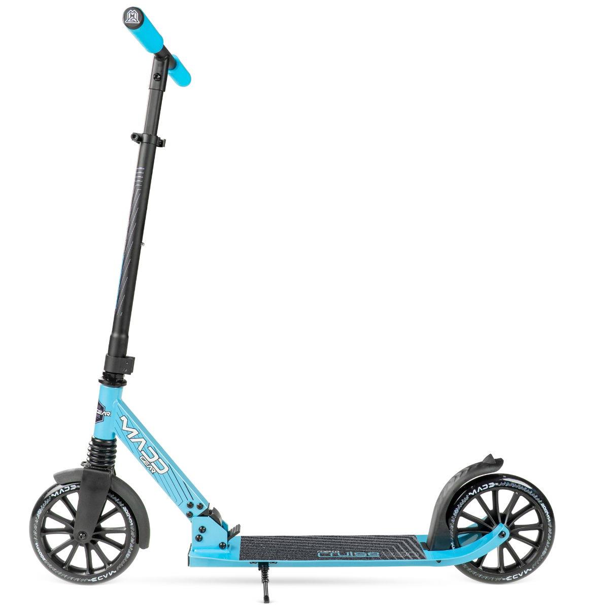 The Madd Gear (MGP) Metro Cruise 250 Foldable Commuter Scooter in black and blue features large wheels, a textured foot deck, and a folding mechanism. It is shown from the side against a white background.