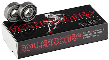 Bones Rollerbones Roller Skate Bearings - 16 Pack by Bones, ideal for quad roller skates. The box features a skeleton on skates design and contains 16 lubricated metal bearings.