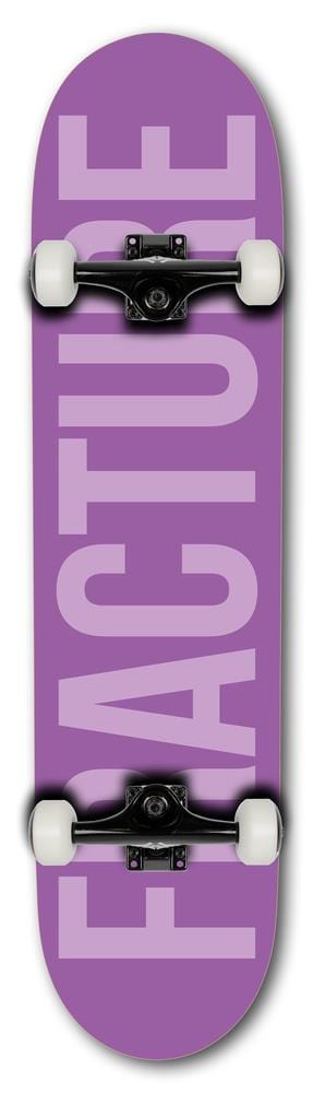 The Fracture Fade Series Purple Complete Skateboard (7.75" x 31") features a 7-ply Canadian Maple deck, white Fracture 100A wheels, black trucks, and bold light purple "FRACTURE" lettering vertically on the deck.