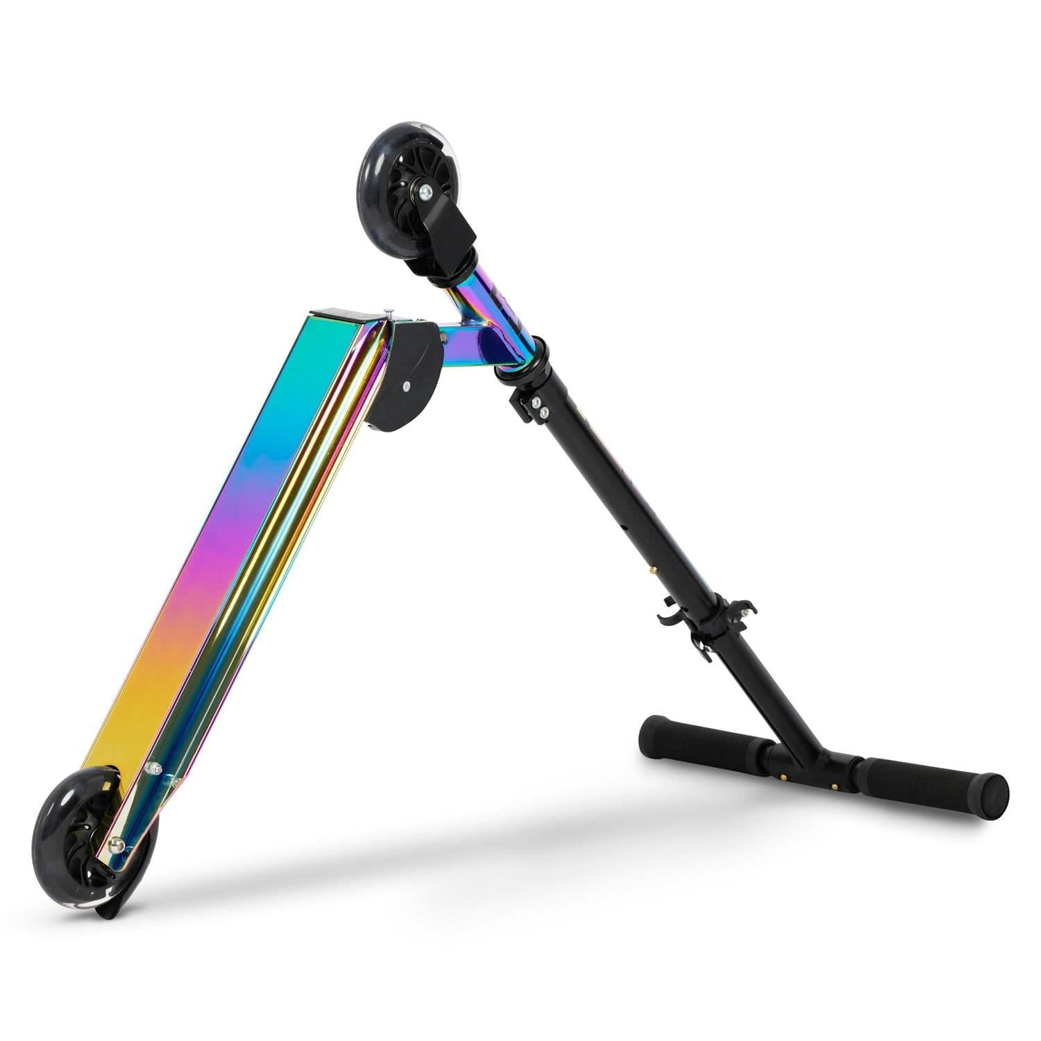 The Rampage Light Up Foldable Kick Scooter - Neochrome / Black features a metallic rainbow deck, black handlebars, and LED wheels, offering an adjustable and vibrant ride with signature Rampage style.