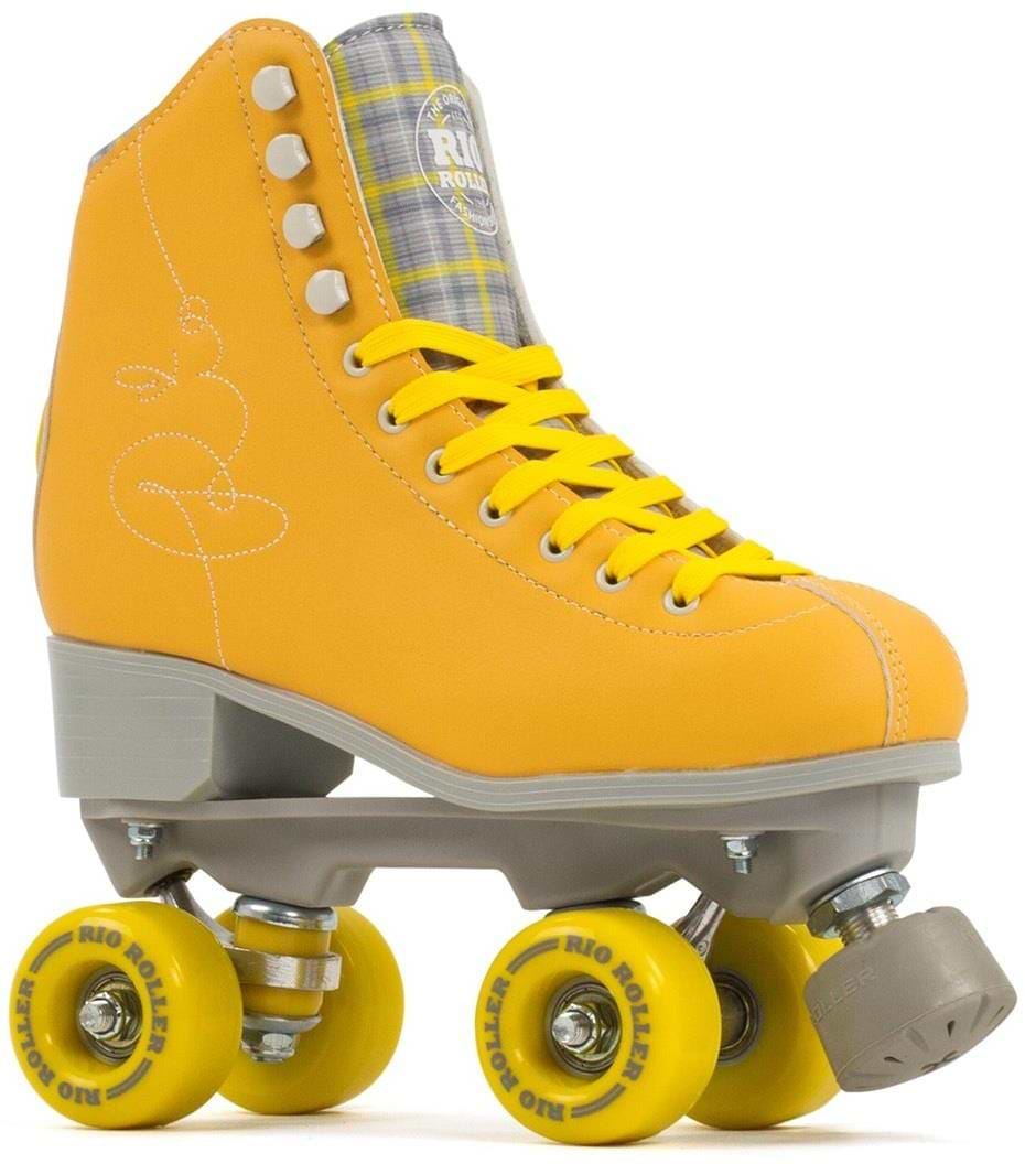 The Rio Roller Signature Quad Roller Skates - Yellow are vegan-friendly with a gray base and wheels, yellow laces, and an embroidered design. They feature an ankle-high boot with a plaid pattern inside the tongue and the iconic Rio Roller logo on the side.