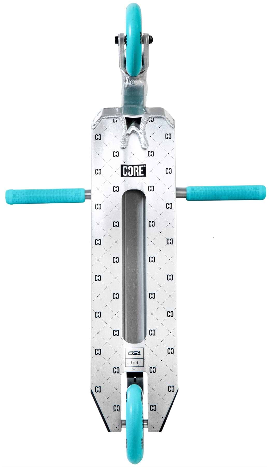 Top-down view of the CORE CG1 Complete Stunt Scooter by CORE in Raw/Teal, featuring a silver deck with blue handlebars and wheels. The deck displays the “CORE” logo and a repeating “C3” pattern.