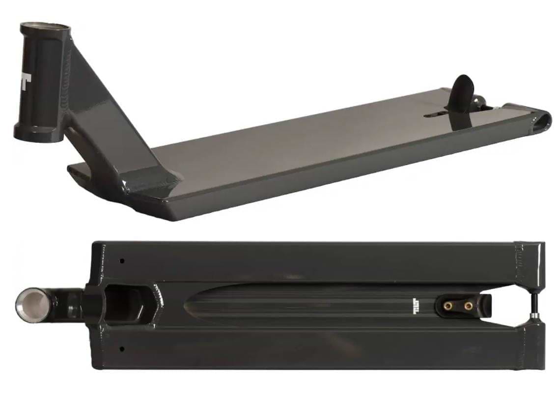Two views of the Tilt Method Pro Gunmetal Grey Stunt Scooter Deck (6.2" x 22.2"): the top shows the headtube and footplate from the side, while the bottom highlights its boxed underside—perfect for street riders wanting durability and performance.
