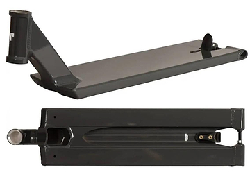 Two views of the Tilt Method Pro Gunmetal Grey Stunt Scooter Deck (6.2" x 22.2"): the top shows the headtube and footplate from the side, while the bottom highlights its boxed underside—perfect for street riders wanting durability and performance.