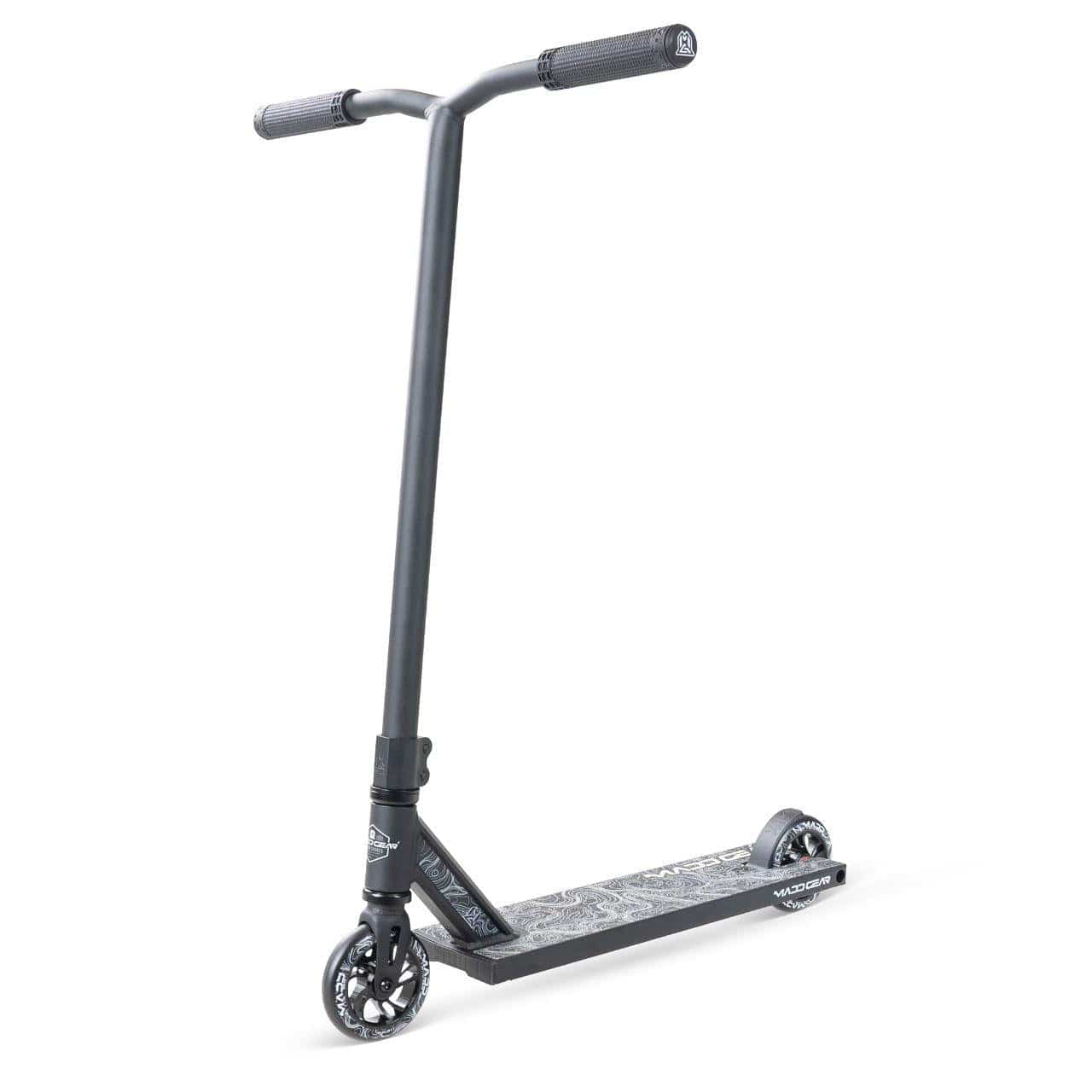 The Madd Gear MG 4 Titan Complete Stunt Scooter - Black by Madd Gear (MGP) features a textured deck, straight handlebars with grips, and small wheels—ideal for freestyle tricks—displayed on a white background.