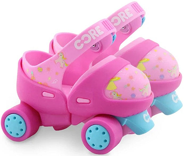 Introducing the CORE Kids Stomp & Roll Adjustable Learner Skates in bright pink. These skates come with blue wheels and adjustable straps, all decorated with adorable patterns and proudly featuring the "CORE Kids Stomp & Roll" branding on the straps. They are ideal for young children embarking on their skating adventures.