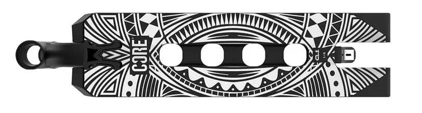 The CORE CL1 Black Stunt Scooter Deck, measuring 5" x 19", perfectly aligns with the intricately patterned skateboard deck featuring geometric designs with circular motifs and triangular accents, complete with a prominent "CORE" logo. Known for its lightweight build, the CORE deck is an ideal match for a park-oriented setup.