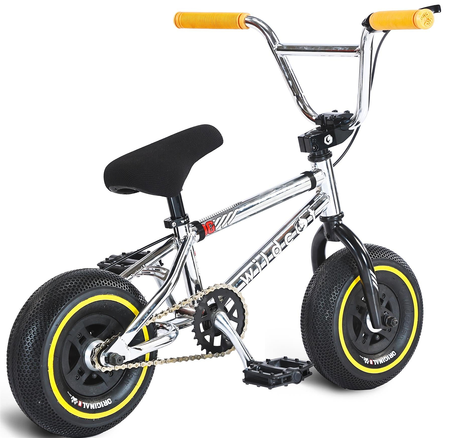 The Wildcat OG 3A Mini BMX Bike - Galaxy Yellow by Wildcat features a lightweight chrome frame, thick black tires with yellow outlines, black pedals, yellow handlebar grips, and a black seat—ideal for skatepark BMX tricks.