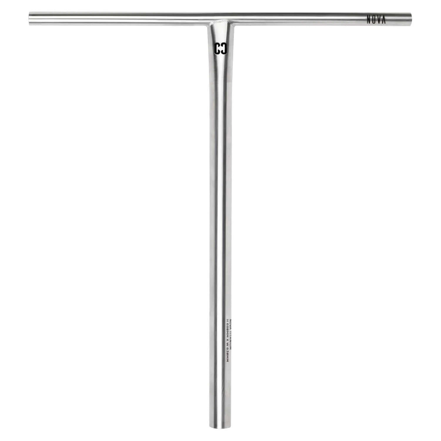 The CORE Nova V2 Titanium Oversized HIC Stunt Scooter Bar (Raw, 630mm x 610mm) is a T-shaped silver metal handlebar with a small center logo and "CORE" on the end, designed for riders seeking premium quality. Shown on a white background.