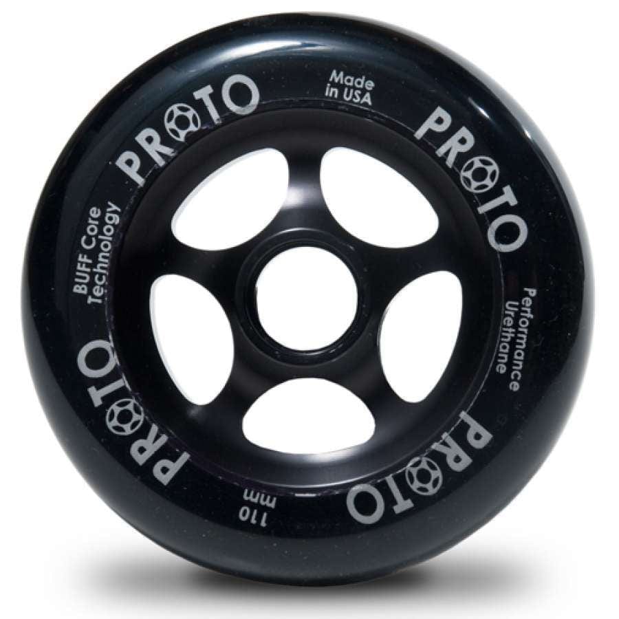 The Proto Sliders 110mm Stunt Scooter Wheel - Black boasts a stylish five-spoke design. The wheel features text that reads "BUFF Core Technology," "Performance Urethane," and "Made in USA." Additionally, the size "110mm" is prominently displayed, highlighting its advanced urethane technology for superior performance.