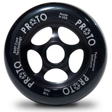 The Proto Sliders 110mm Stunt Scooter Wheel - Black boasts a stylish five-spoke design. The wheel features text that reads "BUFF Core Technology," "Performance Urethane," and "Made in USA." Additionally, the size "110mm" is prominently displayed, highlighting its advanced urethane technology for superior performance.