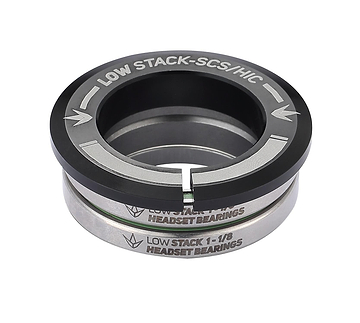 The Blunt Envy Low Stack SCS Integrated Stunt Scooter Headset in black boasts a sleek and sturdy design, featuring minimalist aesthetics with sealed bearings and stacked rings. The headset displays the phrases "LOW STACK-SCS/HIC" and "HEADSET BEARINGS.