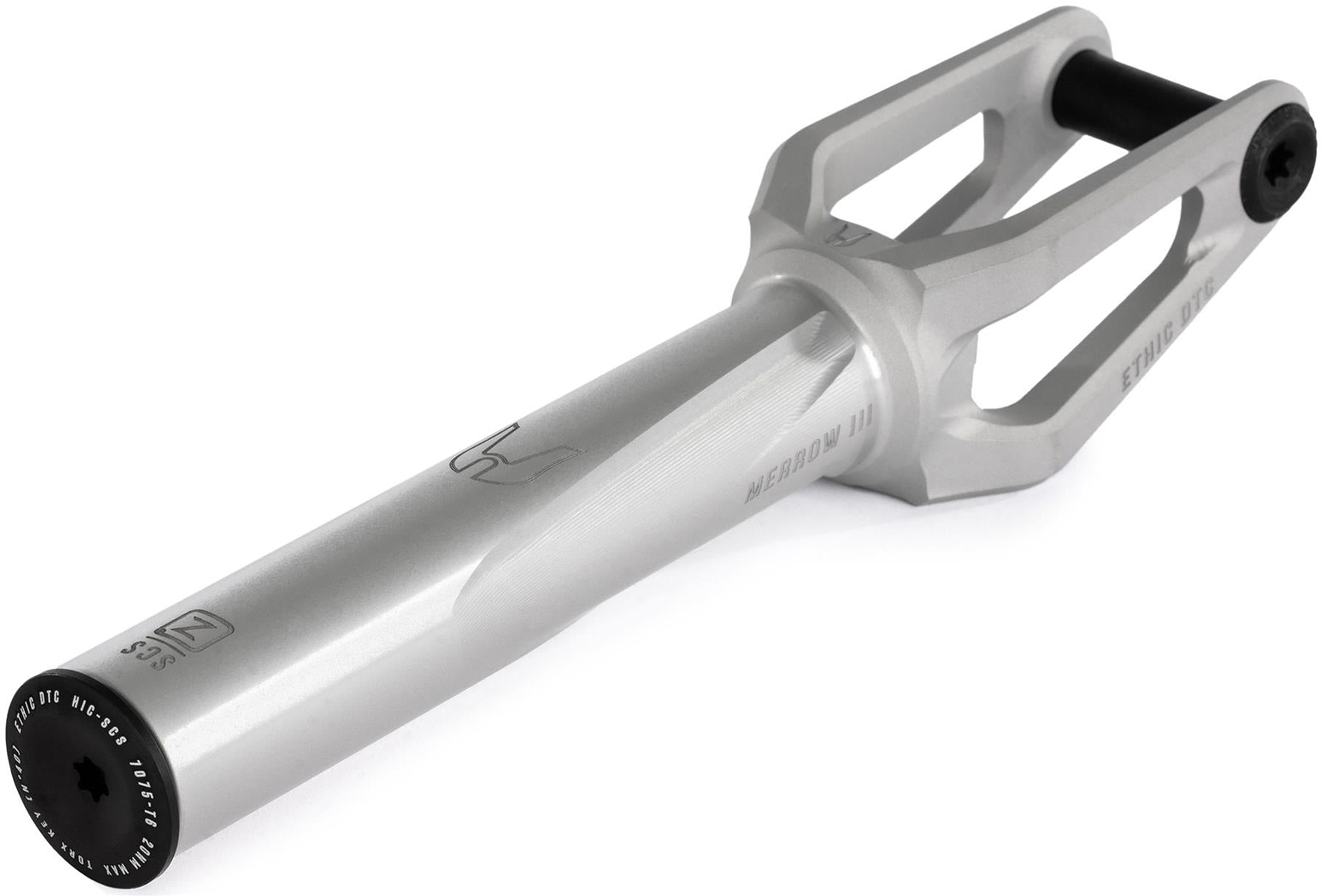 The Ethic DTC Merrow V3 8/12STD SCS Stunt Scooter Forks - Raw is a silver metal fork with a cylindrical base, two angled arms ending in a black axle, and engraved Ethic branding plus a simple logo.